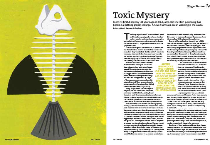 Article image with illustration of a fish skeleton and a radioactive symbol