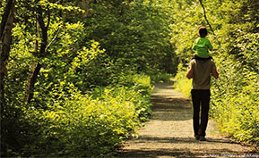 Man and child walking through forest