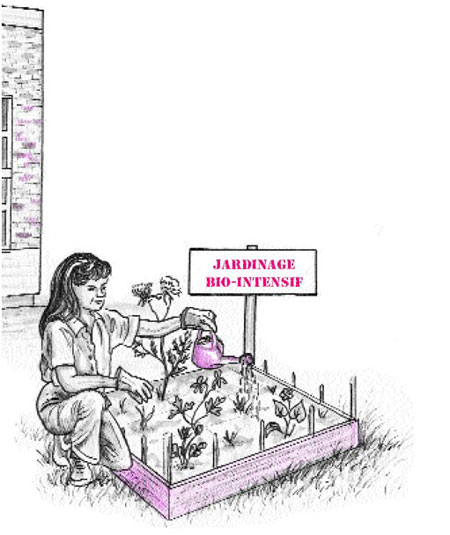 Illustration of girl watering plants in a garden
