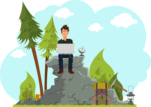 Illustration of a man on a computer on a rock with a satellite