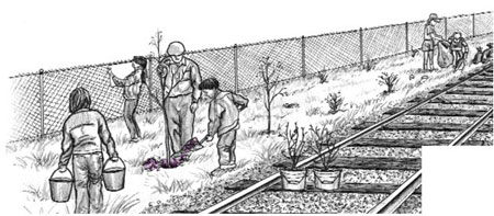 Illustration of people planting trees by rail road tracks