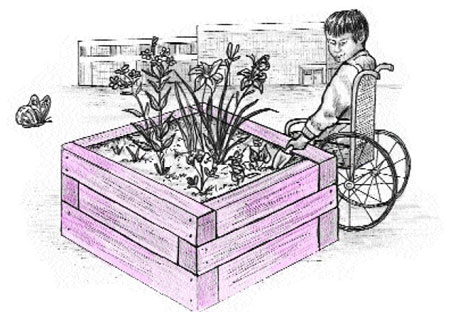 Boy in a wheelchair enjoying a box garden